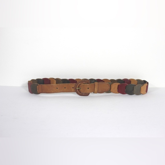 Vintage Multicolour Leather Link Belt Faded Colours Red Tan Green Blue Woven - Picture 4 of 8